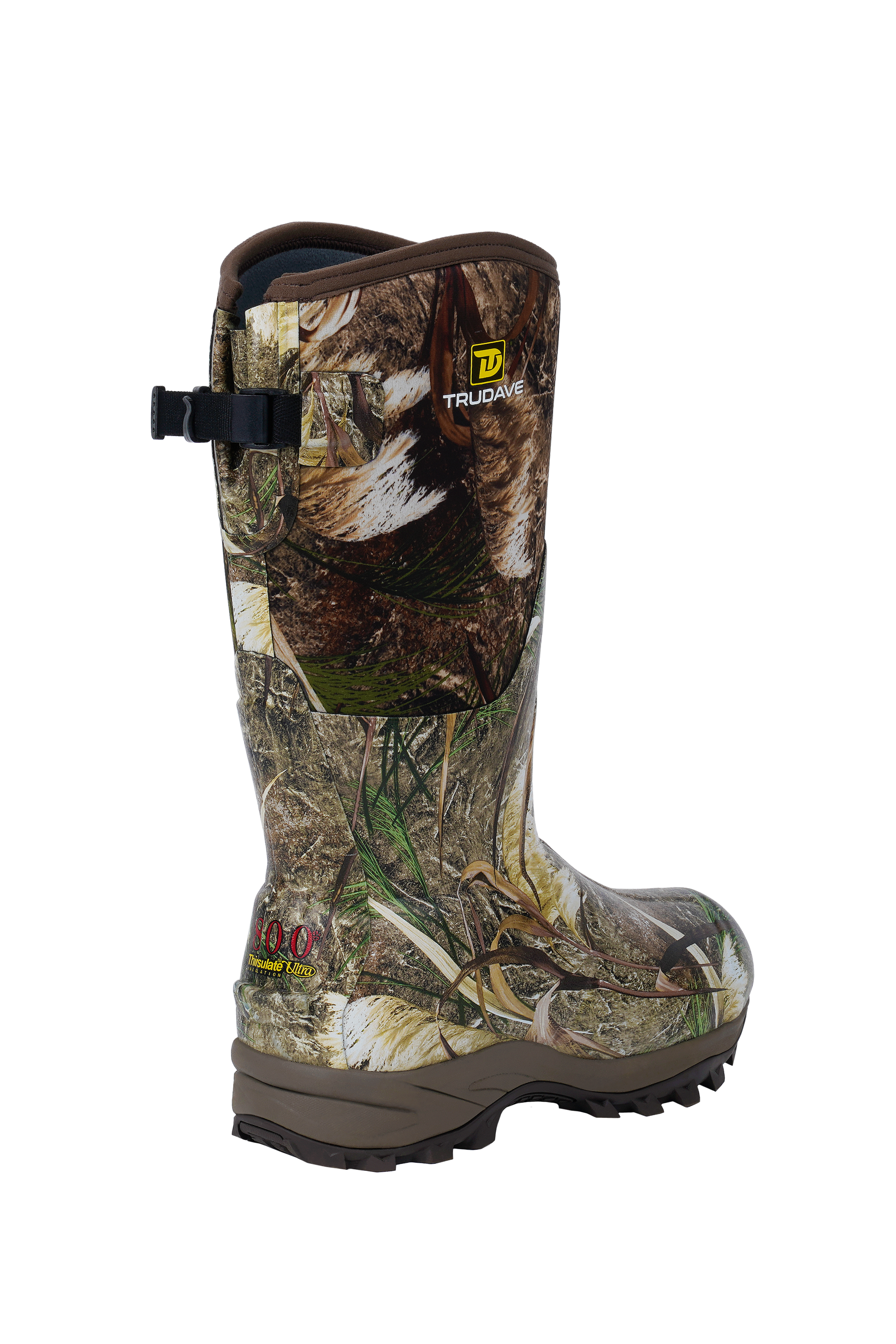 alt="Side view of Trudave TrailGuard Series men’s tall waterproof insulated hunting boots in Reed Grass color showing durable rubber construction, rugged tread sole, and insulated design for warmth and waterproof protection in outdoor hunting conditions"
